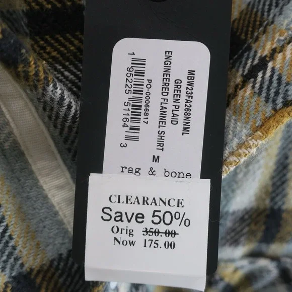 rag & bone Engineered Button Up Flannel Shirt Mens M Green Plaid Retail $350